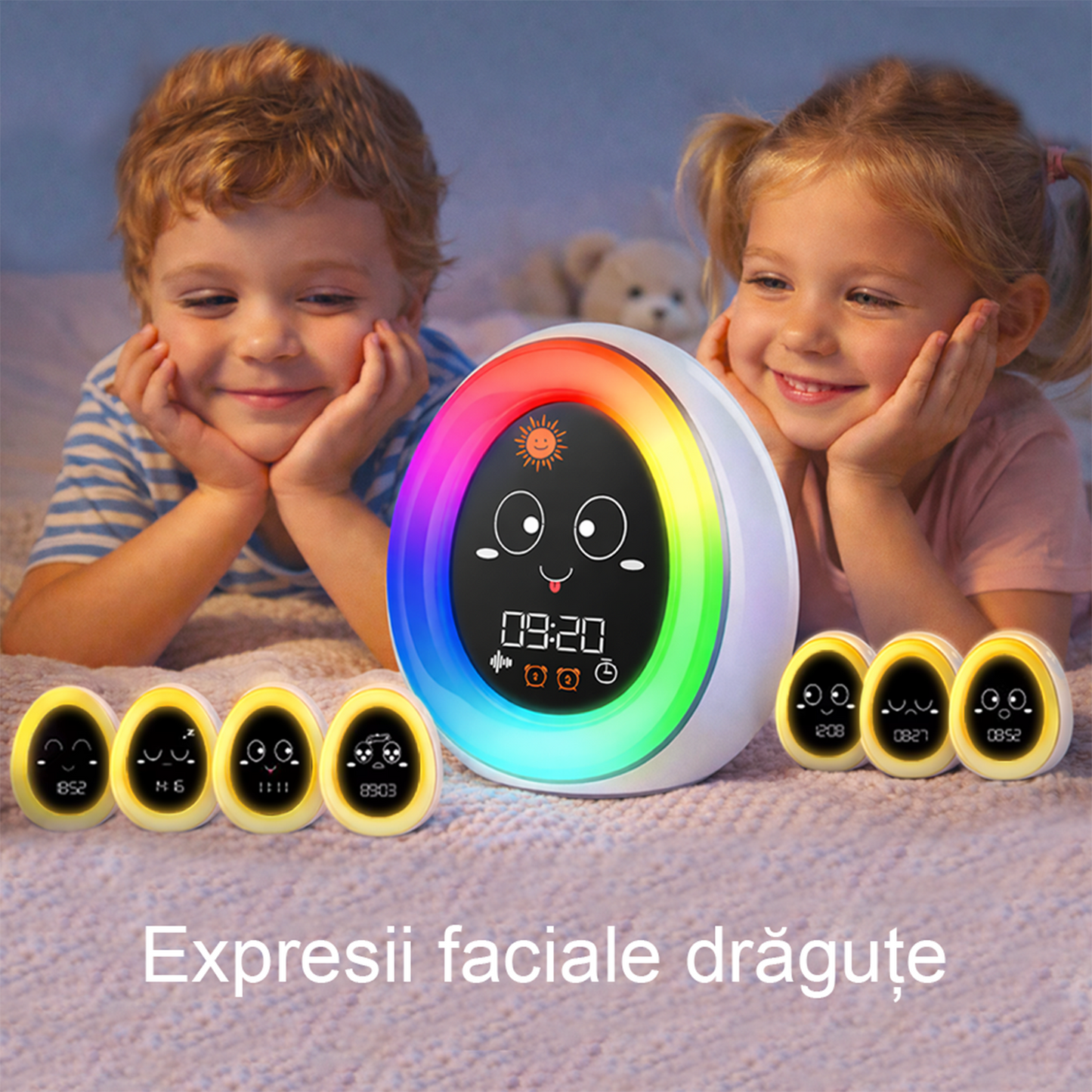 Ceas Desteptator Inteligent pentru Copii cu Alarma si Lumina de Noapte – Expresii Faciale Dragute, 20 Sunete Albe pentru Somn, 9 Culori, 30 Nivele de Volum, Reincarcabil – Alb