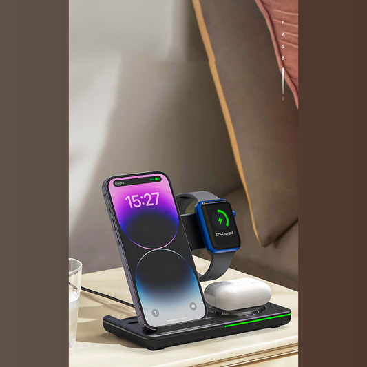 Încărcător Wireless 3 în 1 pentru Telefon, Smartwatch și Căști – Pliabil, Rapid și Fără Cabluri
