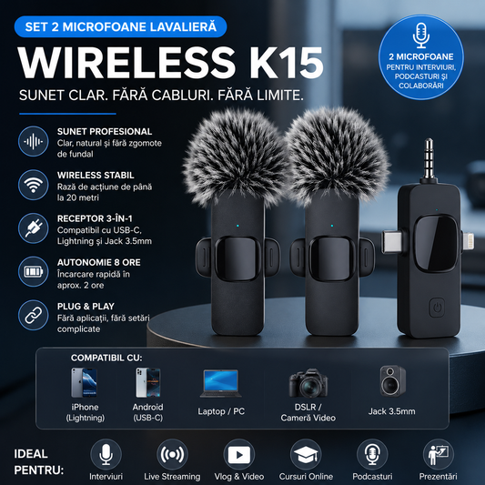 Set 2 Microfoane Lavalieră Wireless – Sunet Profesional pe Orice Dispozitiv