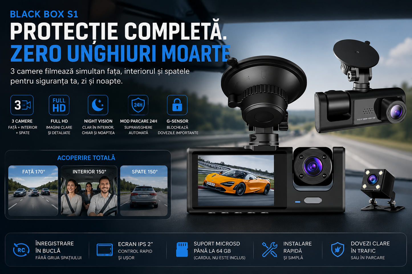Cameră Auto 3 Camere Full HD – Protecție Completă Față, Interior și Spate