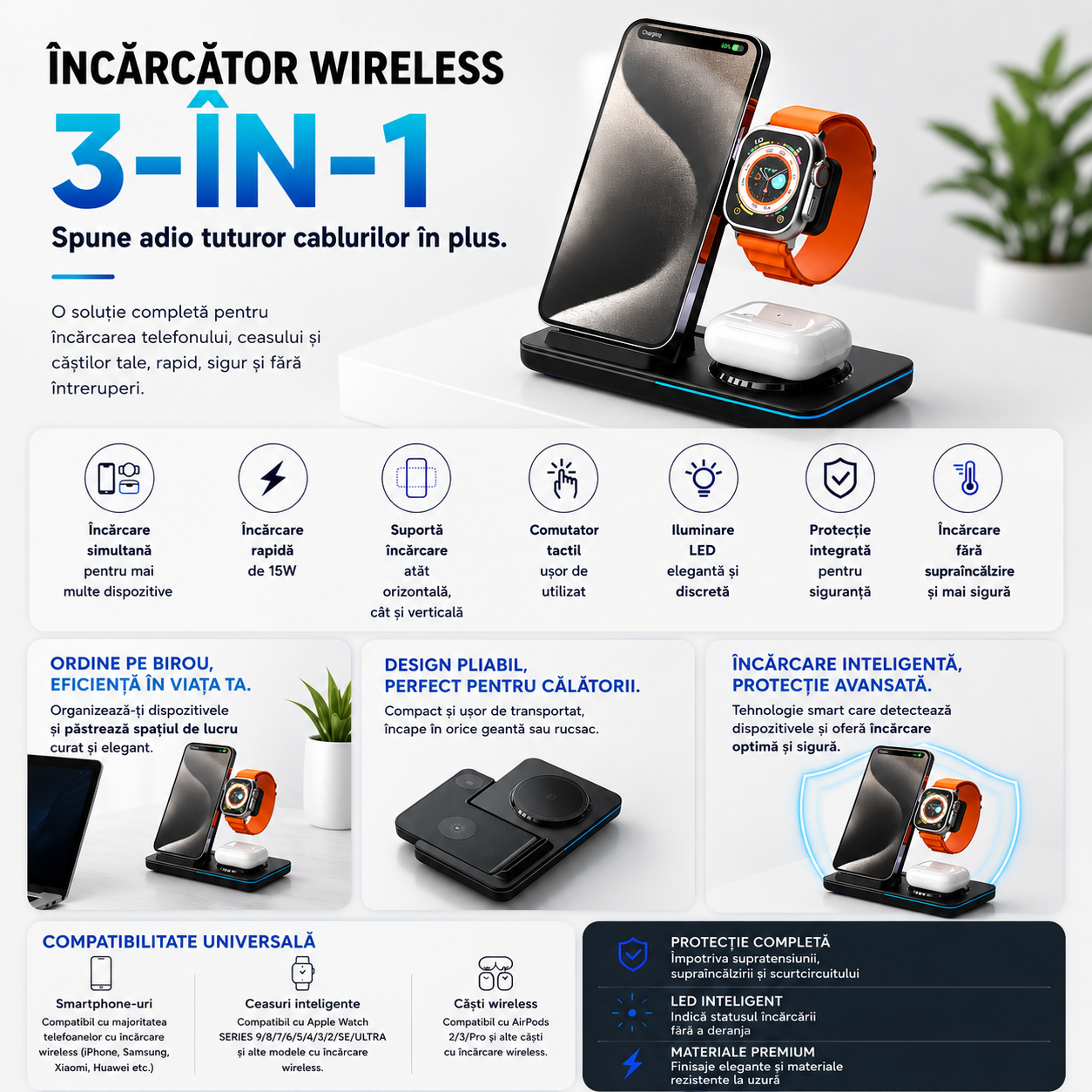 Încărcător Wireless 3 în 1 pentru Telefon, Smartwatch și Căști – Pliabil, Rapid și Fără Cabluri