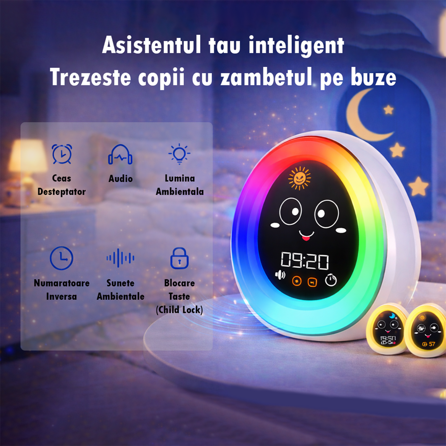 Ceas Desteptator Inteligent pentru Copii cu Alarma si Lumina de Noapte – Expresii Faciale Dragute, 20 Sunete Albe pentru Somn, 9 Culori, 30 Nivele de Volum, Reincarcabil – Alb