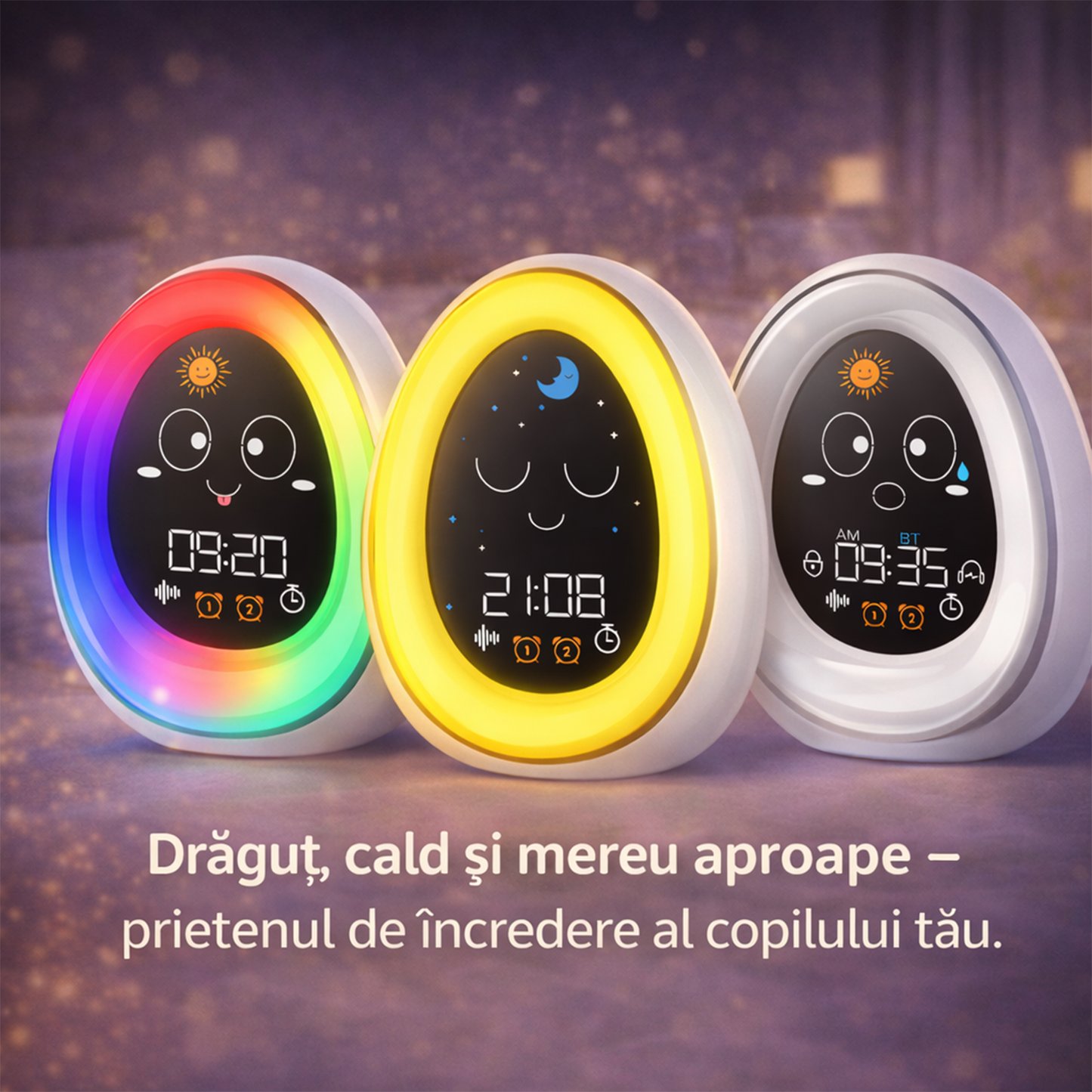 Ceas Desteptator Inteligent pentru Copii cu Alarma si Lumina de Noapte – Expresii Faciale Dragute, 20 Sunete Albe pentru Somn, 9 Culori, 30 Nivele de Volum, Reincarcabil – Alb