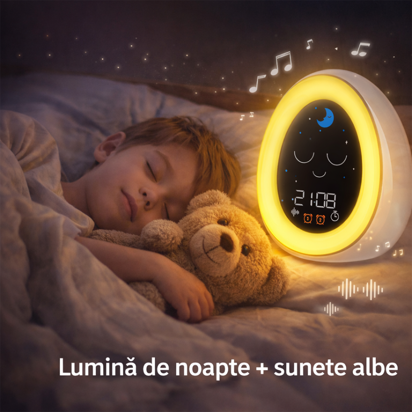 Ceas Desteptator Inteligent pentru Copii cu Alarma si Lumina de Noapte – Expresii Faciale Dragute, 20 Sunete Albe pentru Somn, 9 Culori, 30 Nivele de Volum, Reincarcabil – Alb