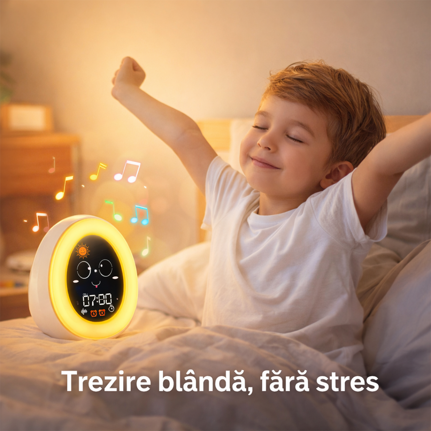 Ceas Desteptator Inteligent pentru Copii cu Alarma si Lumina de Noapte – Expresii Faciale Dragute, 20 Sunete Albe pentru Somn, 9 Culori, 30 Nivele de Volum, Reincarcabil – Alb