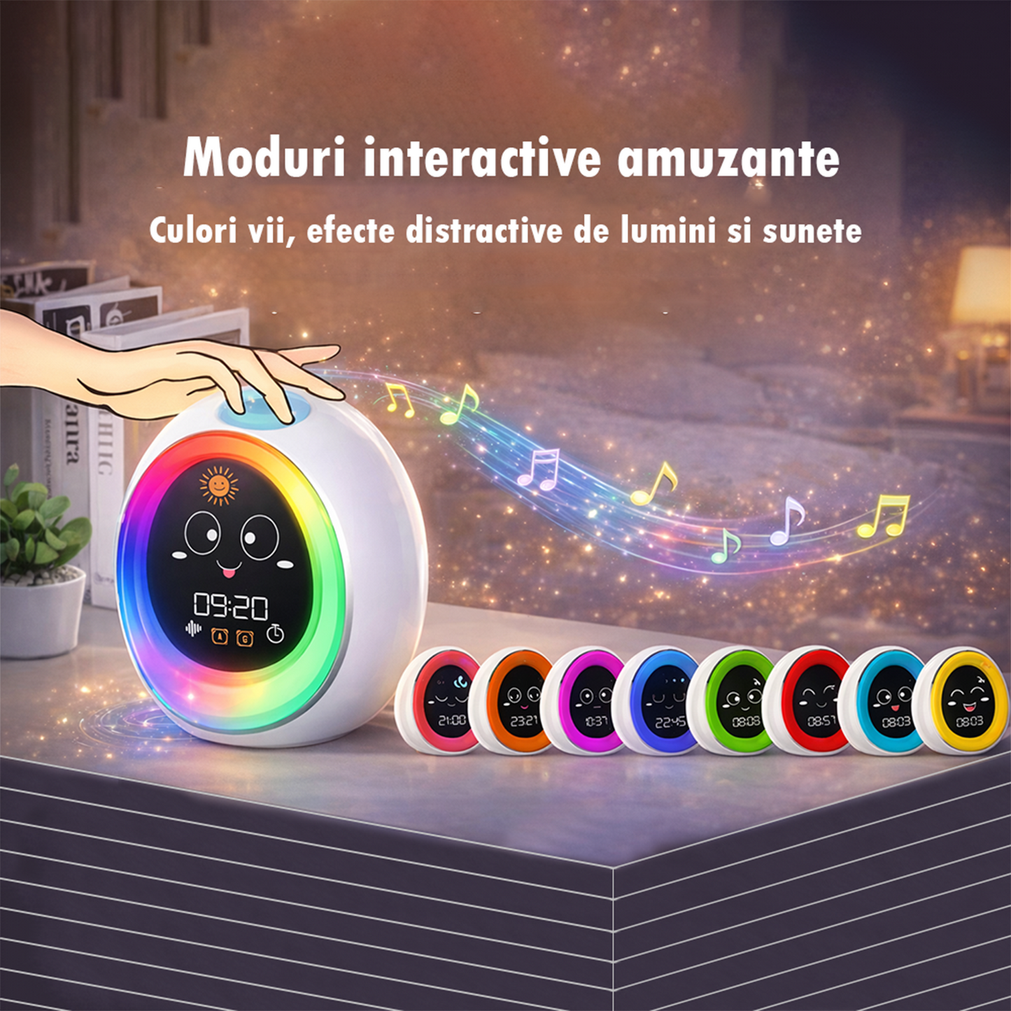 Ceas Desteptator Inteligent pentru Copii cu Alarma si Lumina de Noapte – Expresii Faciale Dragute, 20 Sunete Albe pentru Somn, 9 Culori, 30 Nivele de Volum, Reincarcabil – Alb