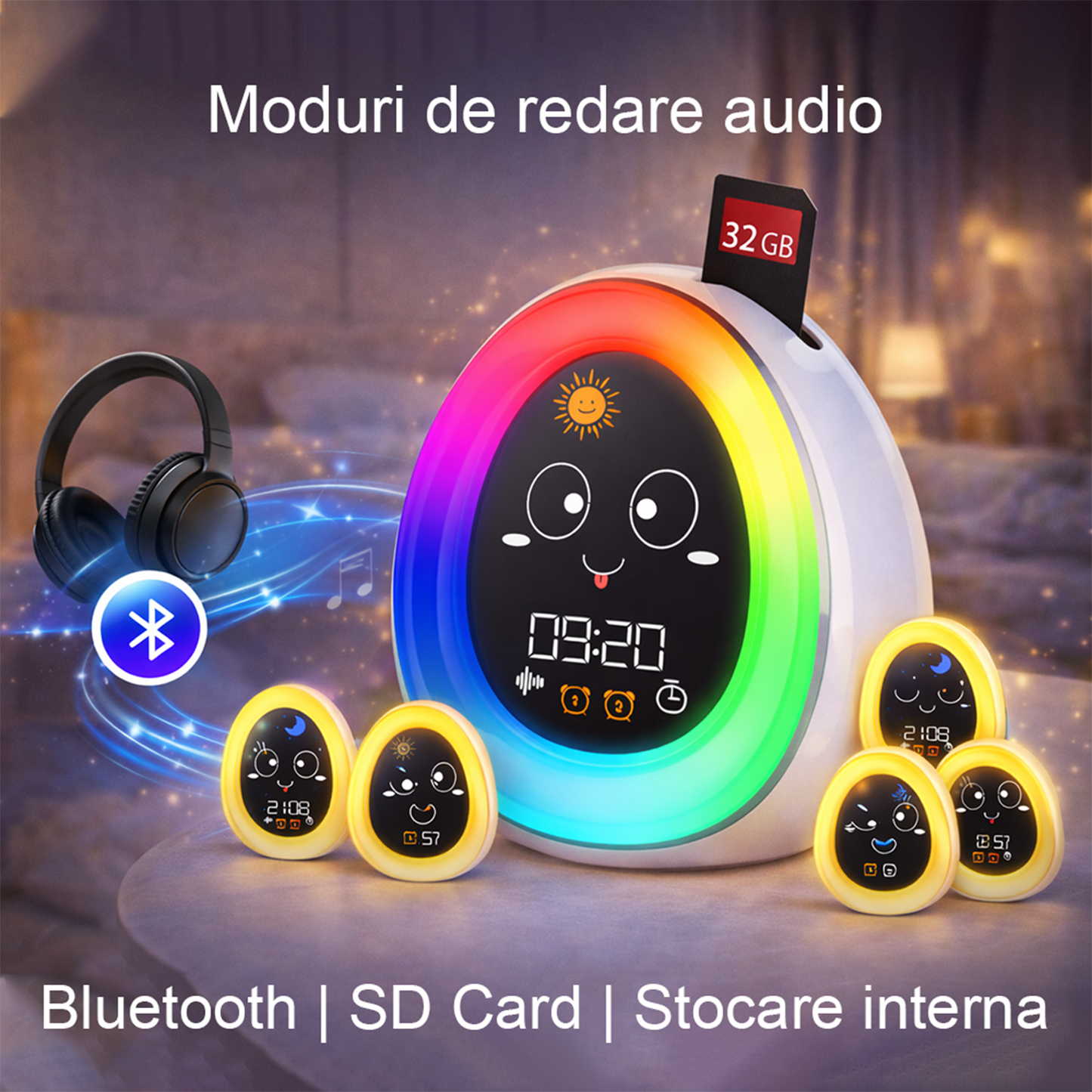 Ceas Desteptator Inteligent pentru Copii cu Alarma si Lumina de Noapte – Expresii Faciale Dragute, 20 Sunete Albe pentru Somn, 9 Culori, 30 Nivele de Volum, Reincarcabil – Alb